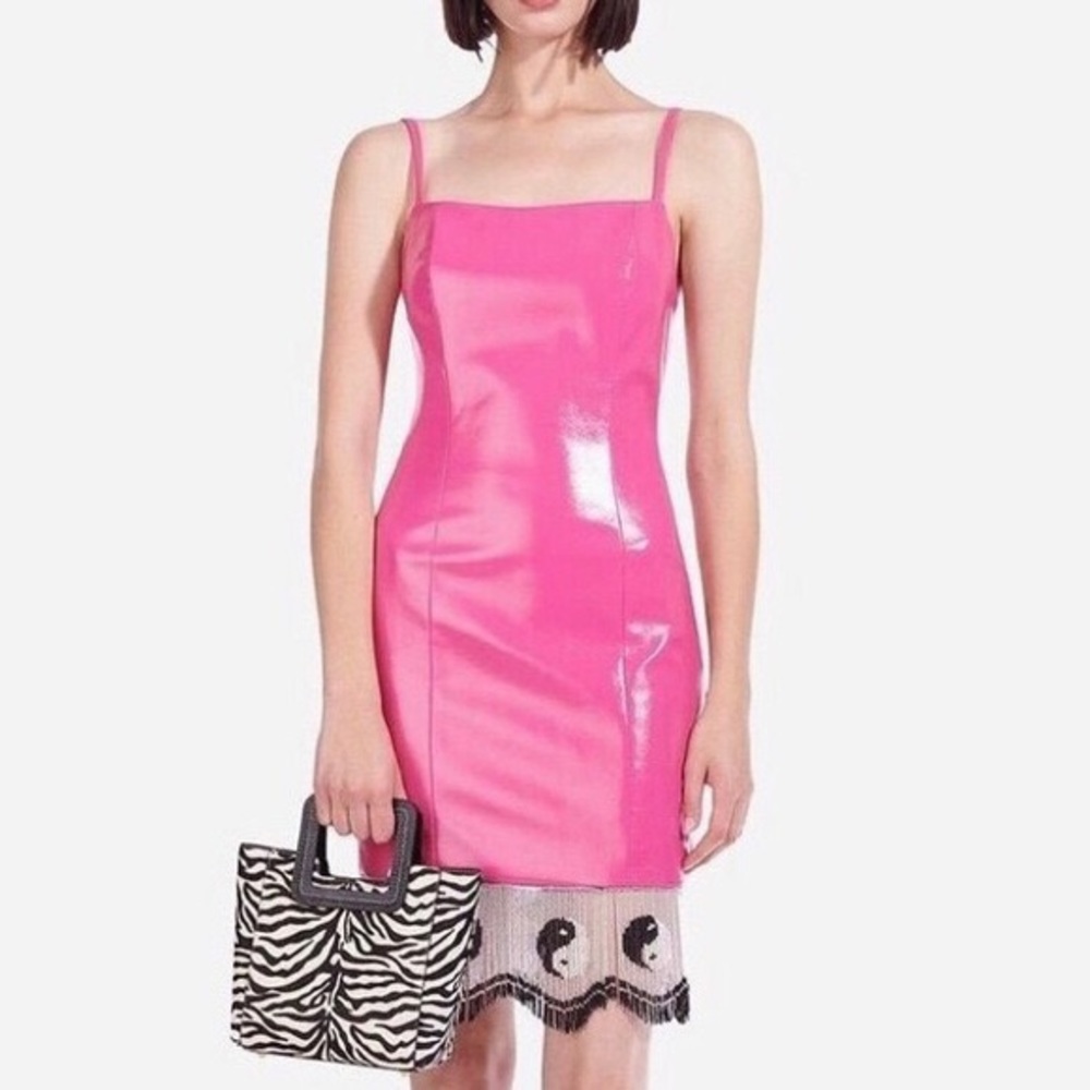 STAUD Joan Peony Patent Dress with Beaded Yin Yang Trim